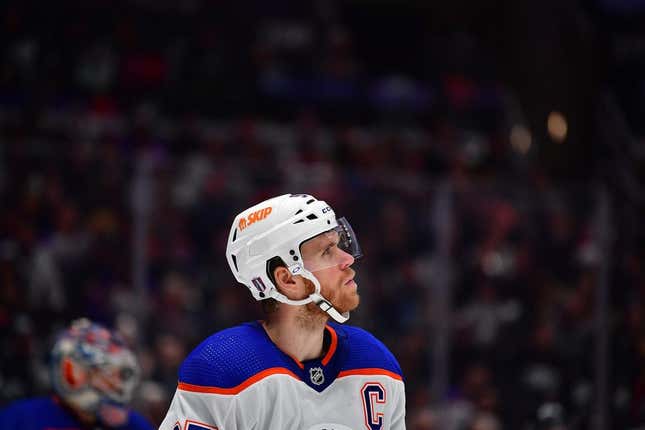 Apr 29, 2023; Los Angeles, California, USA; Edmonton Oilers center Connor McDavid (97) reacts during the second period in game six of the first round of the 2023 Stanley Cup Playoffs at Crypto.com Arena.