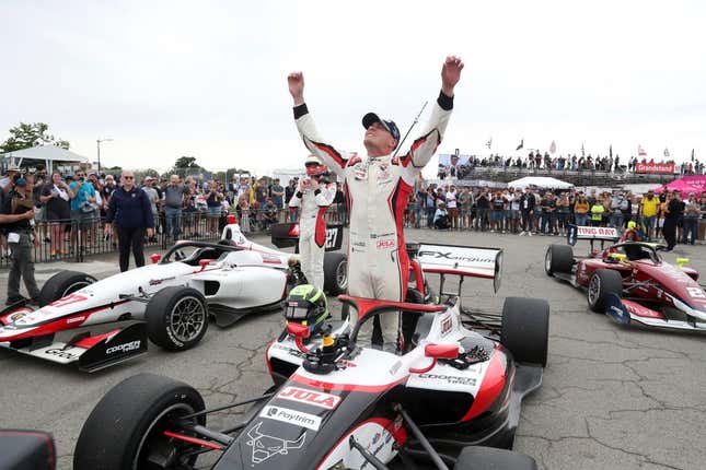 Indy Lights Championship winner Linus Lundqvist celebrates on June 5, 2022 on Belle Isle.  Grand Prix2