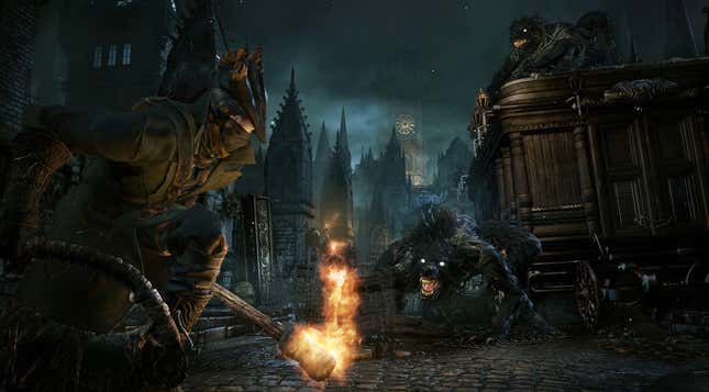 A Bloodborne character holds a torch to a werewolf.