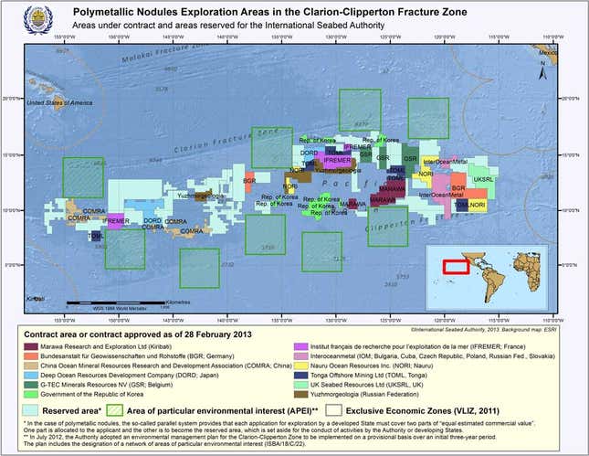 Exploration areas designated for mining companies in the Clarion Clipperton Zone in 2013. Image: ISA