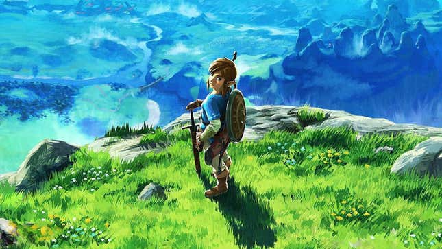 Link looks up from a cliff.