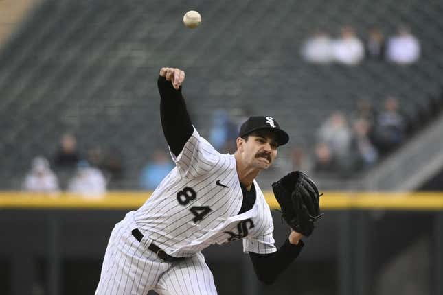Apr 27, 2023; Chicago, Illinois, USA; Chicago White Sox starting pitcher Dylan Cease (84) delivers against the Tampa Bay Rays during the first inning at Guaranteed Rate Field.