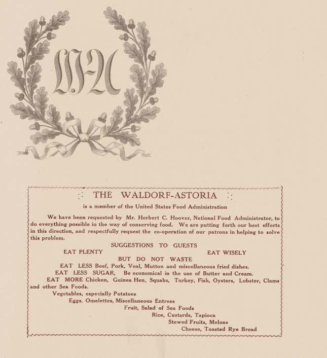 Advice from Herbert Hoover, Waldorf-Astoria, New York, 1917