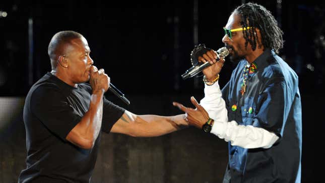 A photo of Dr. Dre and Snoop Dogg performing at Coachella in 2012.