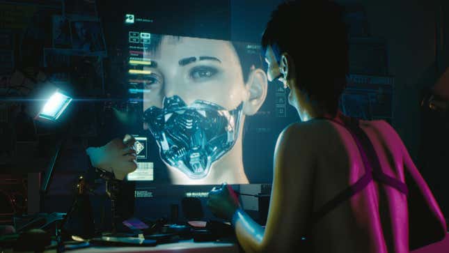 Ein Bild aus Cyberpunk 2077 zeigt eine Frau, die ihre Cyber-Gesichtsbekleidung auswechselt.