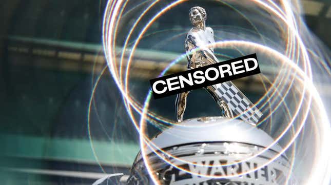 The Borg-Warner trophy shown from an unconventional angle that includes the genitalia of the statue on its top.