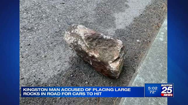 Rock left in the road in Kingston, Massachusetts 