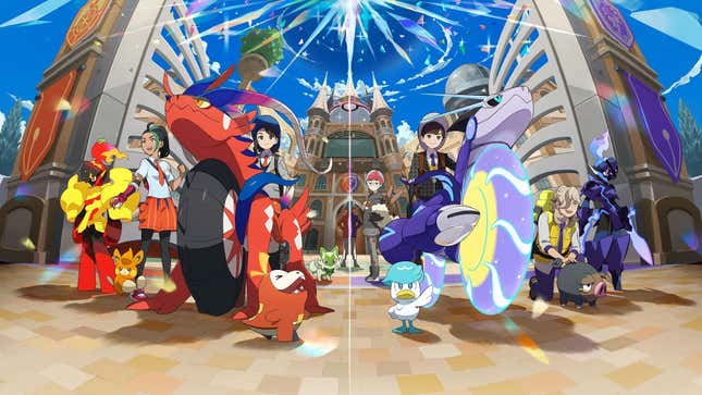 Pokémon Scarlet and Violet art shows the games' trainers riding their respective legendary Pokémon.
