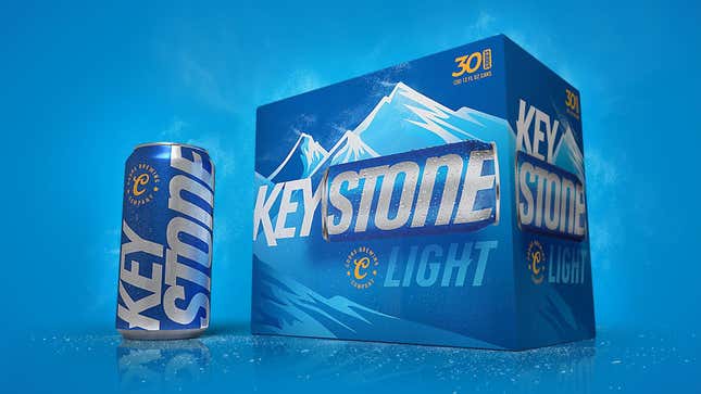 Keystone Light beer can next to case of beer