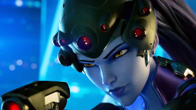 A close-up shot of blue-skinned Overwatch sniper Widowmaker as she stands primed to fire a shot.