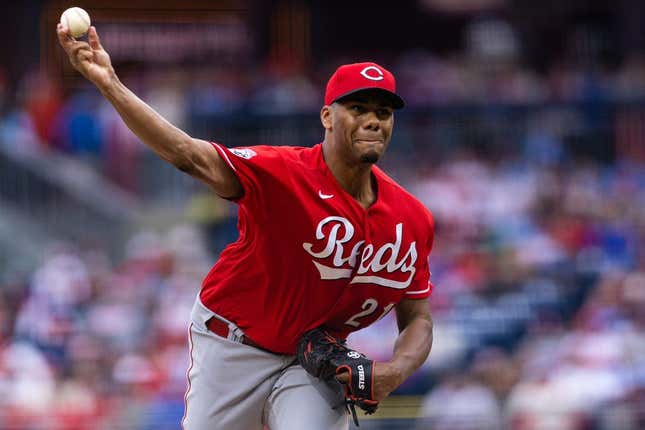 Apr 7, 2023; Philadelphia, Pennsylvania, USA; Cincinnati Reds starting pitcher Hunter Greene (21) throws a pitch during the second inning against the Philadelphia Phillies at Citizens Bank Park.