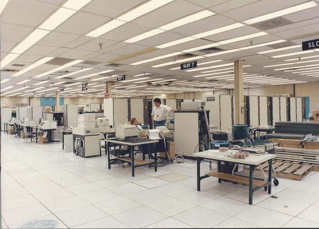 A photo of a test berth where customer image generators were evaluated before site installation, circa mid-to-late 1980s. “You can see the size and length of these systems,” Hichborn told me, “and the amount of hardware in each rack was mind-boggling. 80- and 300-MB disc packs were the storage medium, with smaller system updates done with magnetic tapes.”