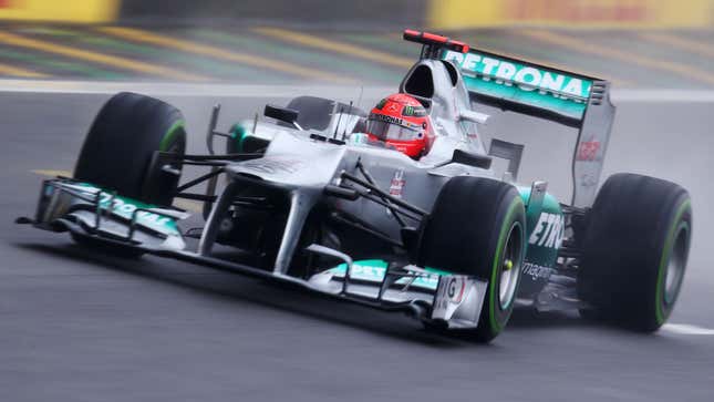 Michael Schumacher drives the Mercedes F1 car at the 2012 Brazilian Grand Prix. 