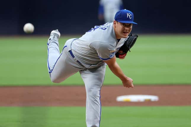 May 15, 2023; San Diego, California, USA;  Kansas City Royals starting pitcher Brad Keller (56) throws a pitch against the San Diego Padres at Petco Park.