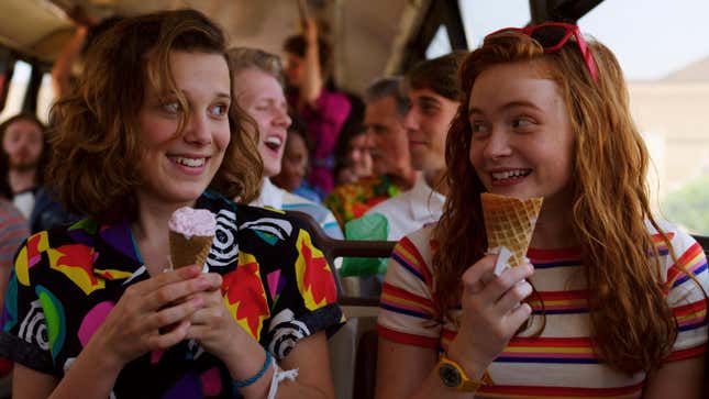 Stranger things production still of El and Max laughing over ice cream