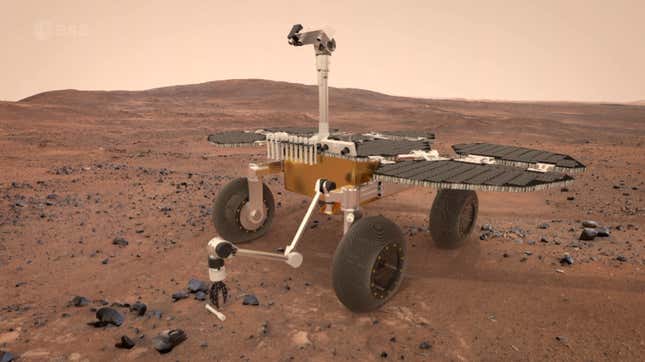 An illustration of the Mars Sample Fetch Rover on the surface of the Red Planet.