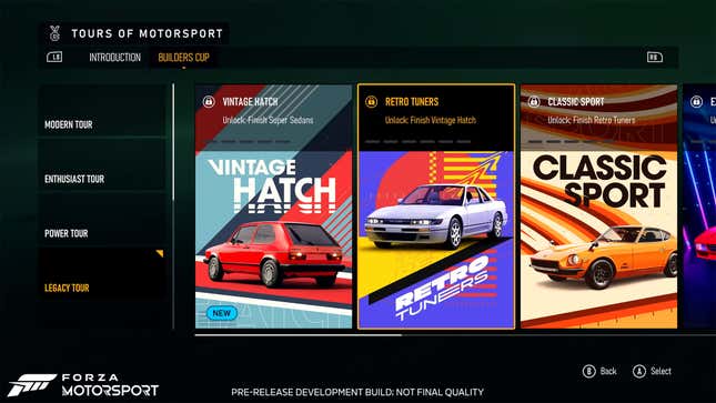 Pre-release in-game screenshot of Forza Motorsport Builders Cup menu