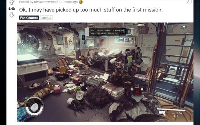A screenshot shows a Starfield Reddit tribute to trash. 