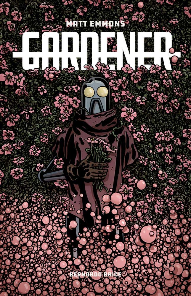 The cover for Gardener showing a robot in a field of pink flowers, with the title above them in white. 