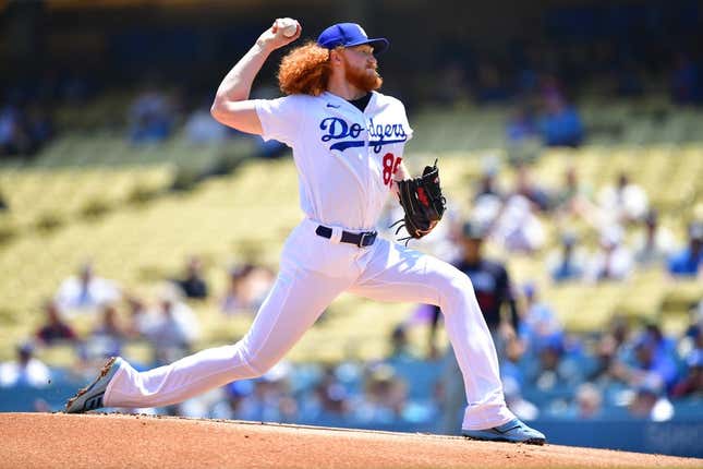 May 17, 2023; Los Angeles, California, USA; Los Angeles Dodgers starting pitcher Dustin May (85) throws against the Minnesota Twins during the first inning at Dodger Stadium.