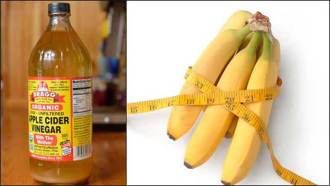 Left: apple cider vinegar bottle; Right: bananas surrounded by measuring tape