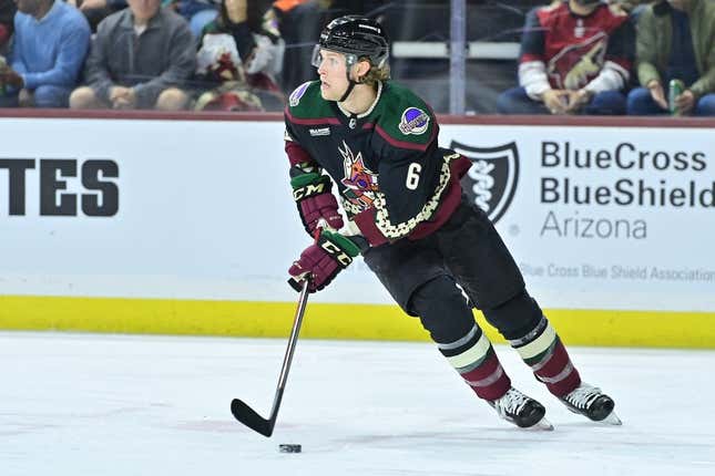 Jan 24, 2023; Tempe, Arizona, USA; Arizona Coyotes defenseman Jakob Chychrun (6) carries the puck in the first period Anaheim Ducks at Mullett Arena.