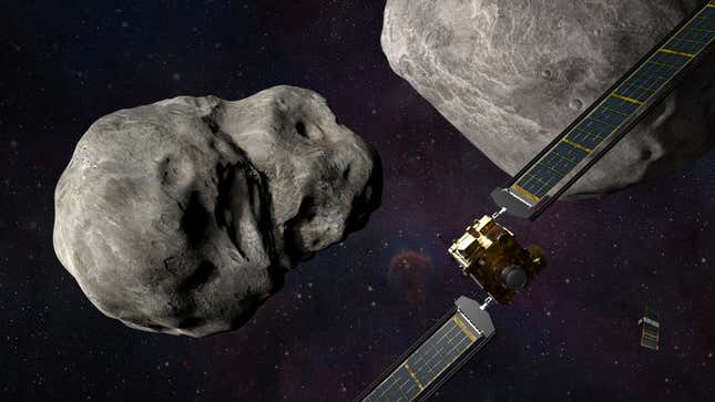Artist’s depiction of DART and the Didymos binary asteroid system. 
