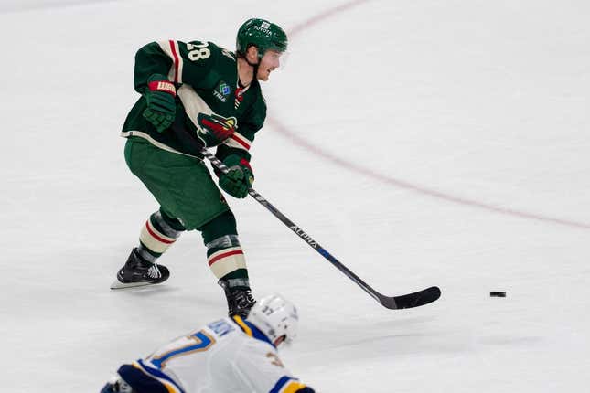 Apr 8, 2023; Saint Paul, Minnesota, USA; Minnesota Wild center Gustav Nyquist (28) makes a pass against the St. Louis Blues in the second period at Xcel Energy Center.
