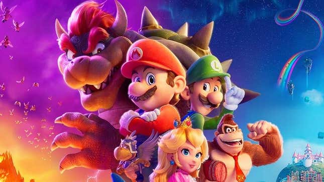 Mario and friends are displayed on the Mario movie's poster. 
