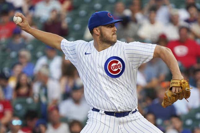 Aug 3, 2023; Chicago, Illinois, USA; Chicago Cubs starting pitcher Jameson Taillon (50) throws against the Cincinnati Reds during the first inning at Wrigley Field.