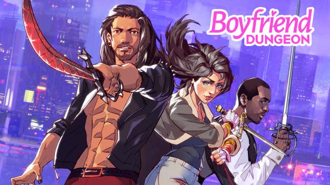 A piece of keyart for Boyfriend Dungeon. In it, three people stand wielding complementary weapons with the game's name in the upper right hand corner.