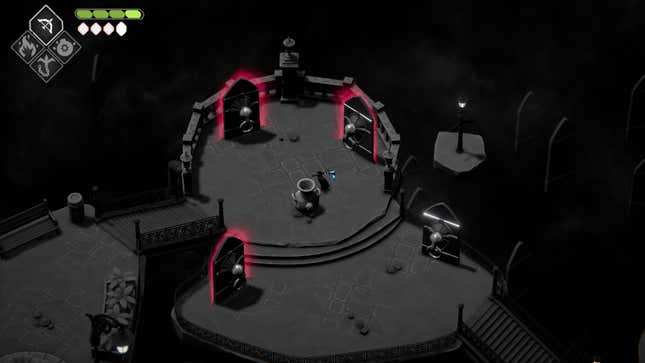 The crow stands near three red doors and one white door in the Reaping Commission in Death's Door.