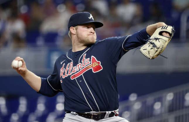 May 2, 2023; Miami, Florida, USA; Atlanta Braves starting pitcher Bryce Elder (55) pitches against the Miami Marlins during the first inning at loanDepot Park.