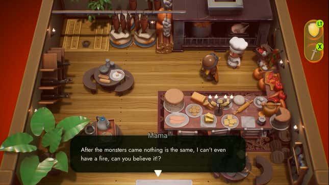 Mysplaced, with the game's character chatting to a chef in a kitchen.