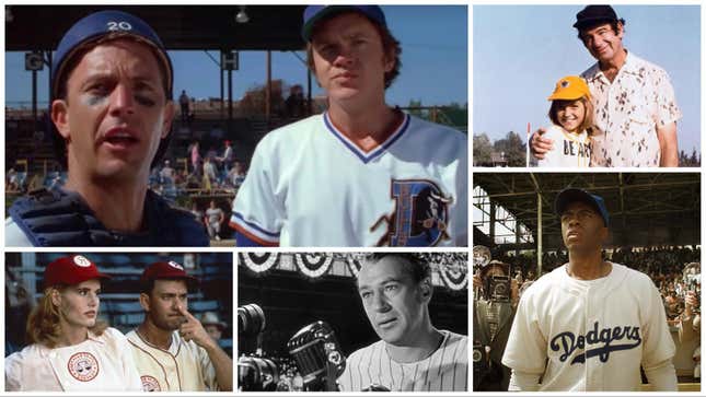 Clockwise from Upper Left: Bull Durham (Screenshot: Orion Pictures/YouTube), The Bad News Bears (Paramount Pictures), 42 (Warner Bros), The Pride Of The Yankees (Screenshot: MGM/UA Home Entertainment/YouTube), A League Of Their Own (Columbia Pictures)