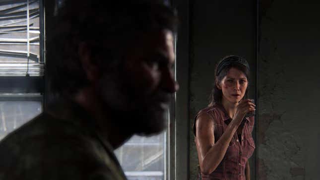 Tess looks at Joel while taking a sip from a glass in leaked images of The Last Of Us Part I.