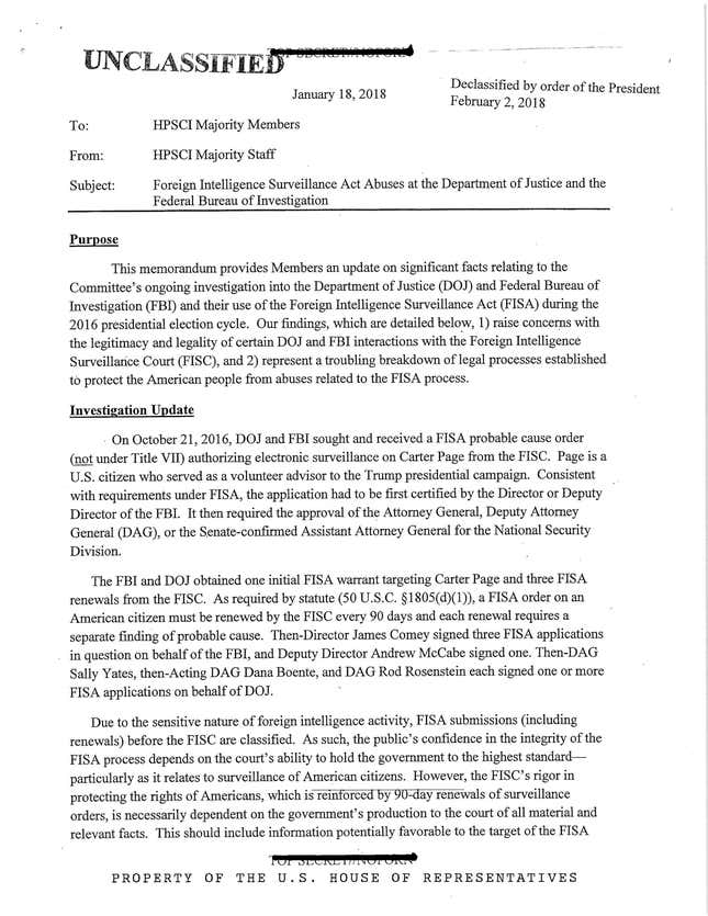 Image for article titled Read the full GOP House intelligence memo about the Trump dossier