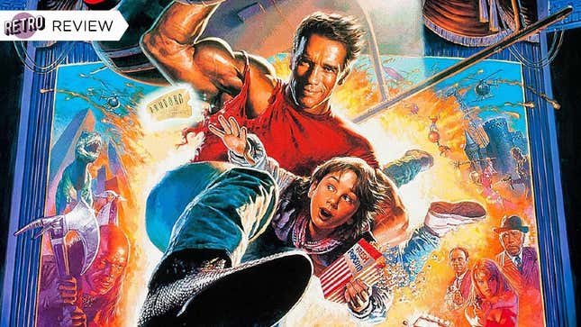 The poster for Last Action Hero features Arnold Schwarzenegger swinging from an unseen object with young Austin O’Brien in his arms holding popcorn..