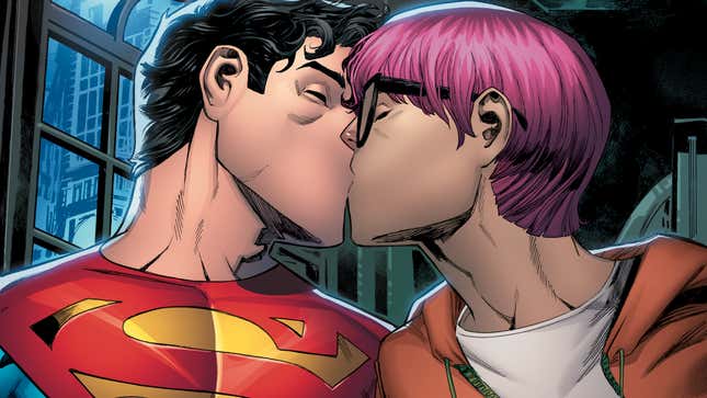 Jonathan Kent, in his Superman costume (left), shares a kiss with new boyfriend, the pink-haired Jay Nakamura.