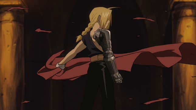Ed is seen appearing to dramatically pull a red cover off of something in a moment from Fullmetal Alchemist. 