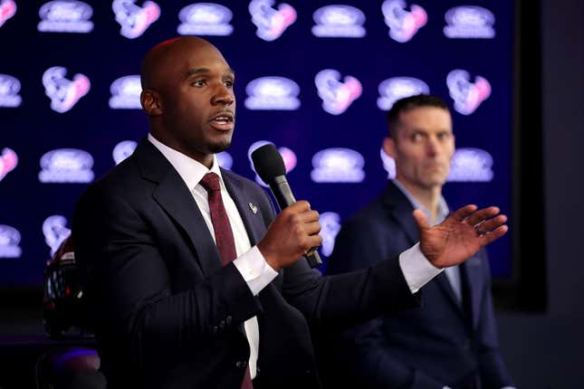 Feb 2, 2023; Houston, TX, USA; Houston Texans head coach Demeco Ryans speaks to the media during his introductory press conference as general manager Nick Caserio (right) looks on at NRG Stadium.
