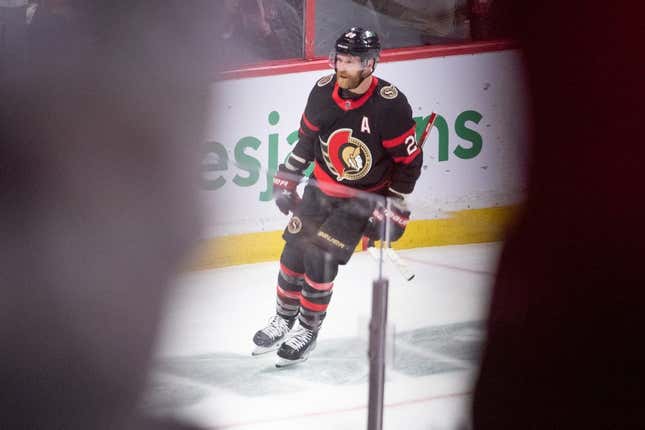 Apr 10, 2023; Ottawa, Ontario, CAN; Ottawa Senators right wing Claude Giroux (28) scores his second goal of the night in the third period against the Carolina Hurricanes at the Canadian Tire Centre.