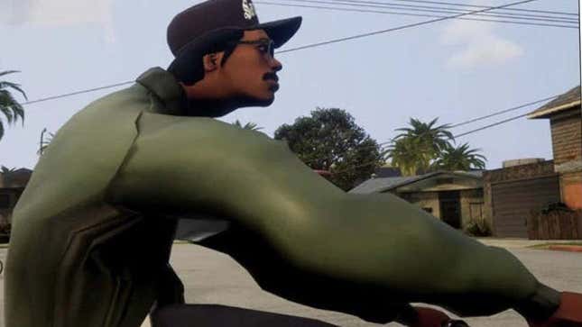 An example of a bad model from the GTA San Andreas remaster, featuring a character with weird arms and a broken neck.