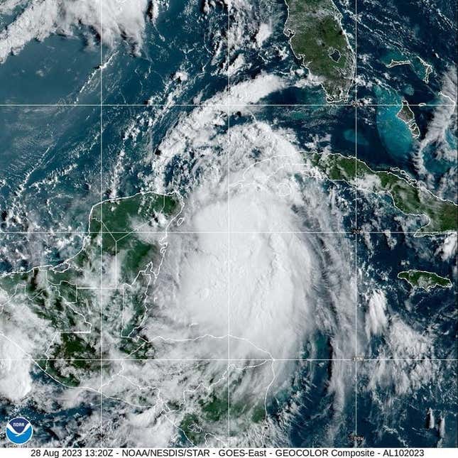 Tropical Storm Idalia, now forecast to become a major hurricane before a landfall along Florida&#39;s northern Gulf Coast, moves closer toward the Gulf of Mexico in this image taken by NOAA satellite on the morning of Aug. 28, 2023.