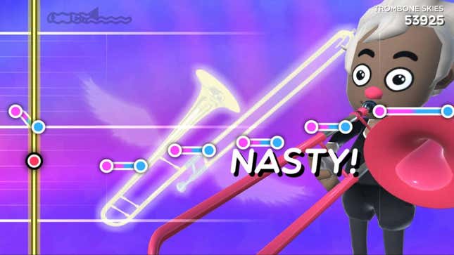 A person plays a pink trombone while the word NASTY! in large text comments on their performance.