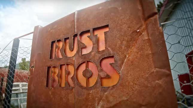 A sign saying Rust Bros from the Netflix show, Rust Valley Restorers. 