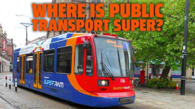 A photo of a tram with the caption "where is public transport super?" 