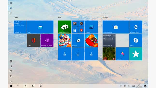 The Windows Start menu, in tablet mode.