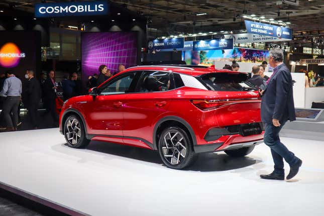 The BYD Atto 3 on display at the 2022 Paris Motor Show.