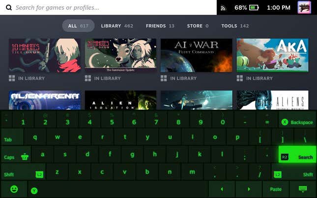 A screenshot of the Steam Deck shows a different on-screen keyboard.